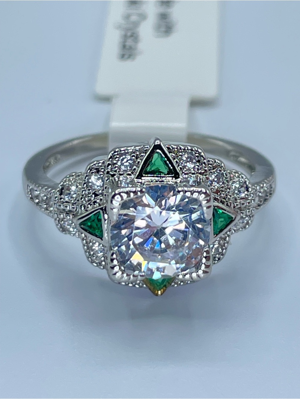 Swarovski Crystal Elements Art Deco White Green Crystal Starburst Ring Sz 8